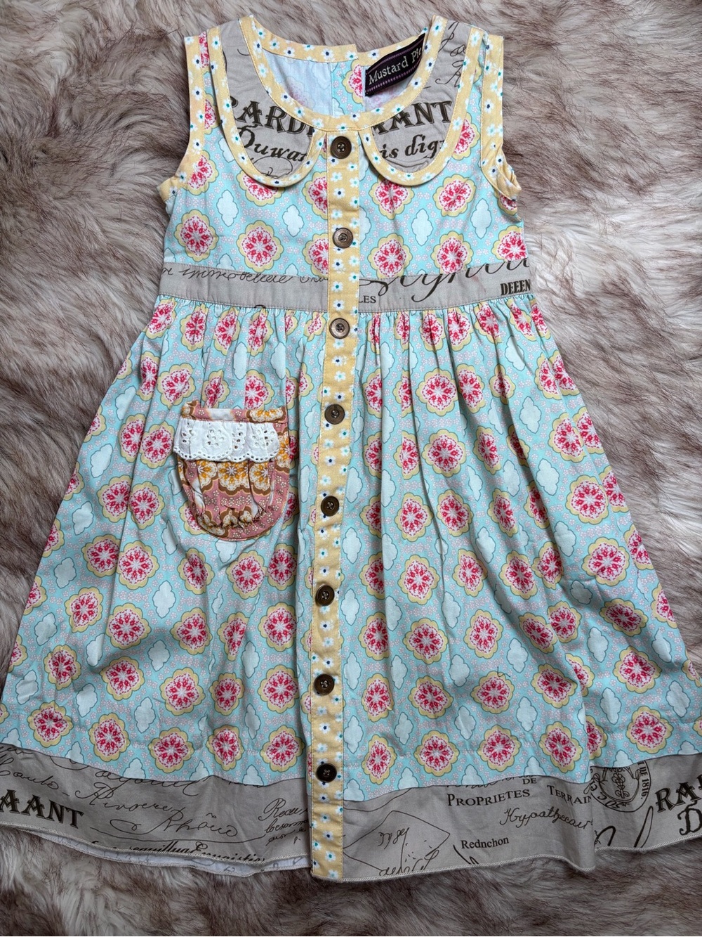 Mustard Pie Aqua Floral Dress with Pink Accents and Yellow Trim